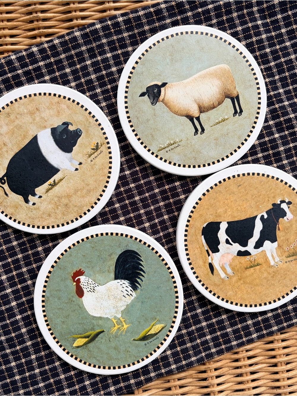 Farm Animals Stone Coasters Counter Art 4 cow rooster pig sheep cork bottom